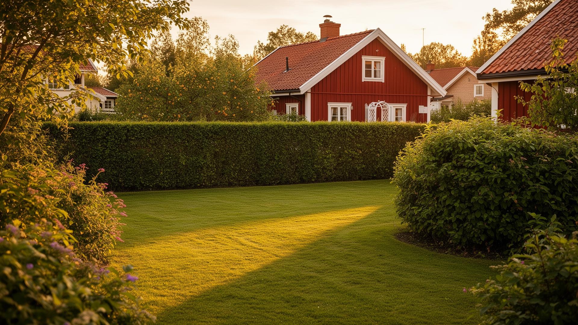 Vårdad trädgård med nyklippt gräsmatta och välansad häck framför ett rött hus